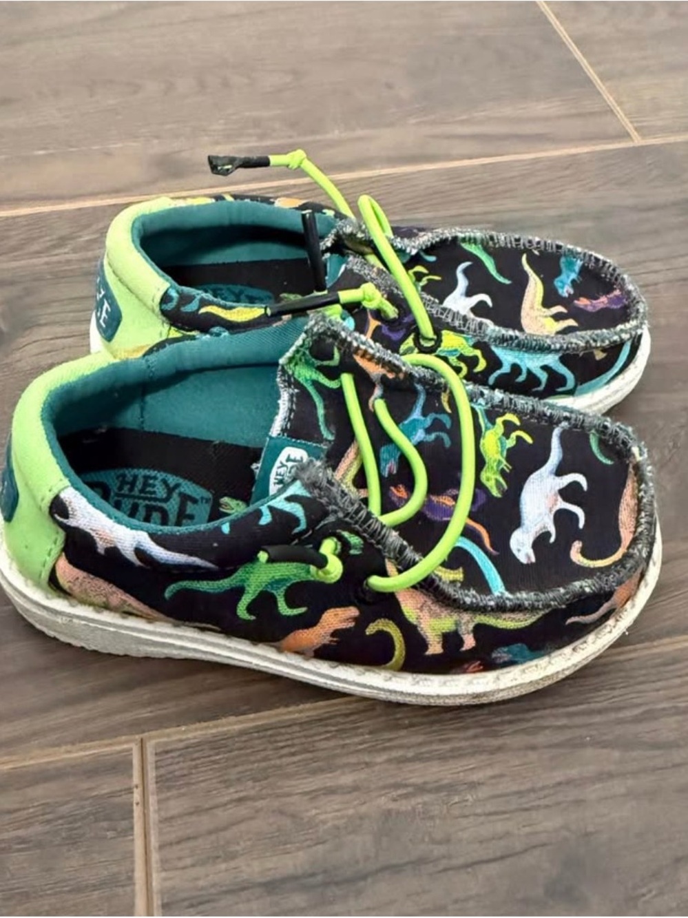 Hey Dude Kids Black Sneakers with Neon Green and Multicolor Dino Print